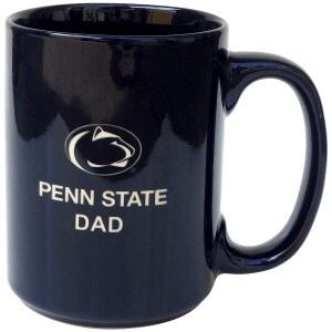 navy ceramic mug with etched Penn State Athletic Logo above Penn State Dad